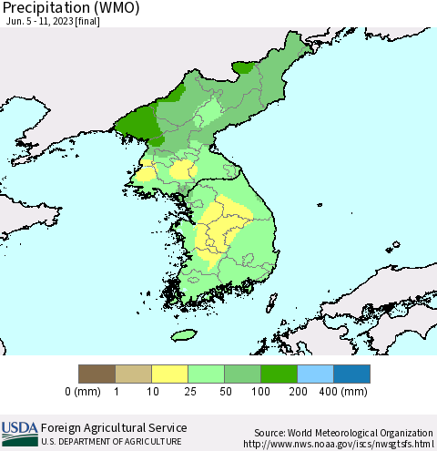 Korea Precipitation (WMO) Thematic Map For 6/5/2023 - 6/11/2023