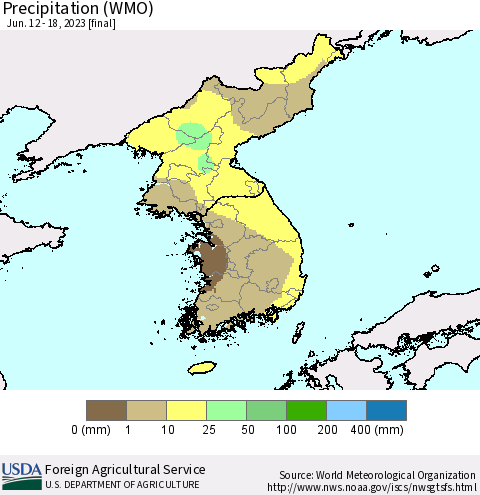 Korea Precipitation (WMO) Thematic Map For 6/12/2023 - 6/18/2023