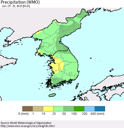 Korea Precipitation (WMO) Thematic Map For 6/19/2023 - 6/25/2023