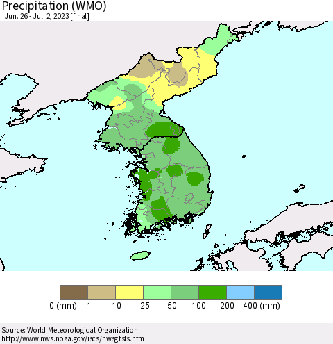 Korea Precipitation (WMO) Thematic Map For 6/26/2023 - 7/2/2023