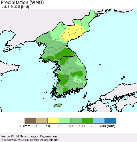 Korea Precipitation (WMO) Thematic Map For 7/3/2023 - 7/9/2023