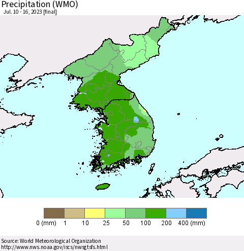 Korea Precipitation (WMO) Thematic Map For 7/10/2023 - 7/16/2023