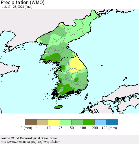 Korea Precipitation (WMO) Thematic Map For 7/17/2023 - 7/23/2023