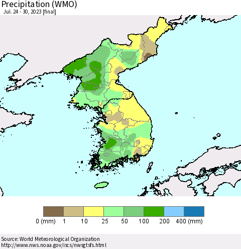 Korea Precipitation (WMO) Thematic Map For 7/24/2023 - 7/30/2023