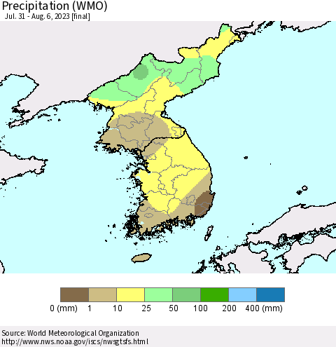 Korea Precipitation (WMO) Thematic Map For 7/31/2023 - 8/6/2023