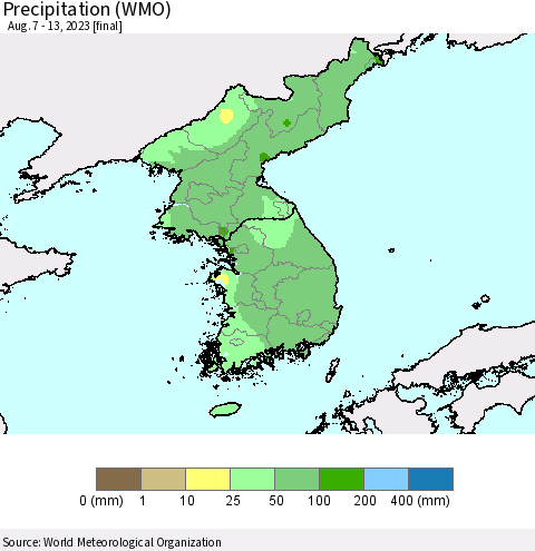 Korea Precipitation (WMO) Thematic Map For 8/7/2023 - 8/13/2023