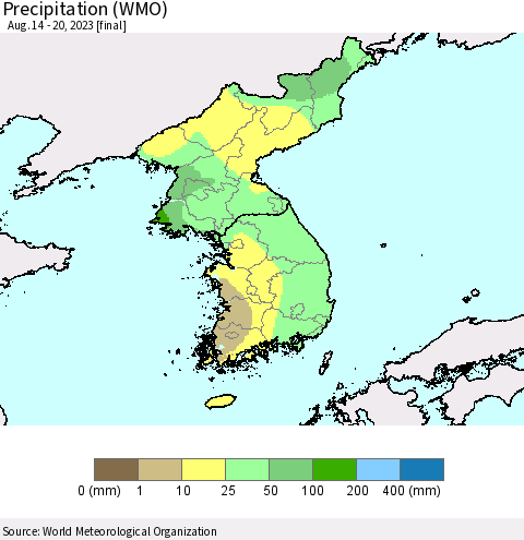 Korea Precipitation (WMO) Thematic Map For 8/14/2023 - 8/20/2023