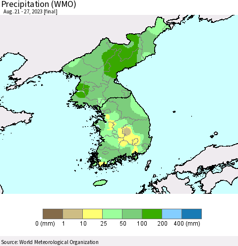 Korea Precipitation (WMO) Thematic Map For 8/21/2023 - 8/27/2023
