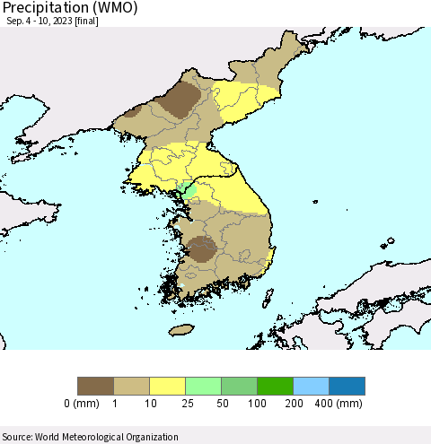 Korea Precipitation (WMO) Thematic Map For 9/4/2023 - 9/10/2023