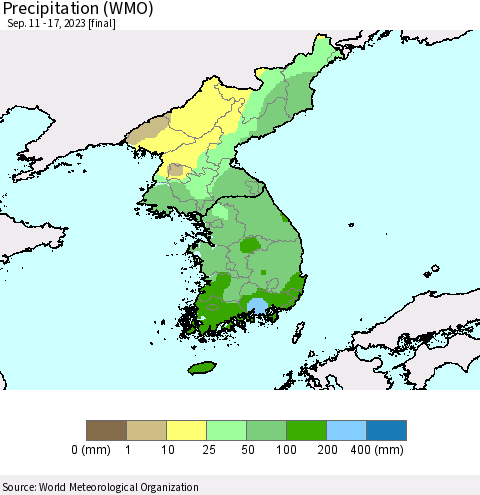 Korea Precipitation (WMO) Thematic Map For 9/11/2023 - 9/17/2023