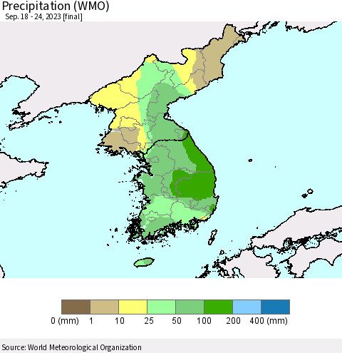 Korea Precipitation (WMO) Thematic Map For 9/18/2023 - 9/24/2023