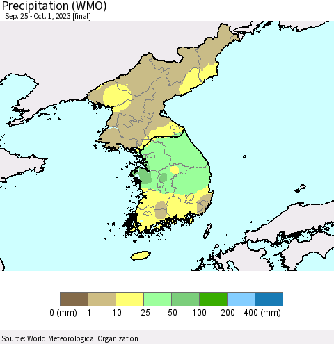 Korea Precipitation (WMO) Thematic Map For 9/25/2023 - 10/1/2023