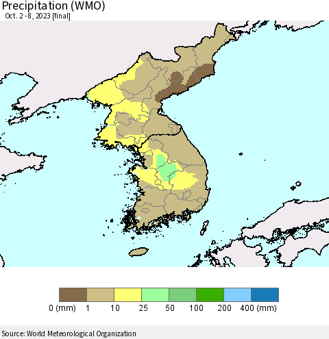 Korea Precipitation (WMO) Thematic Map For 10/2/2023 - 10/8/2023