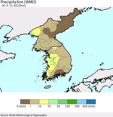 Korea Precipitation (WMO) Thematic Map For 10/9/2023 - 10/15/2023
