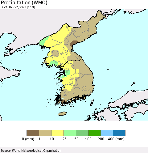 Korea Precipitation (WMO) Thematic Map For 10/16/2023 - 10/22/2023