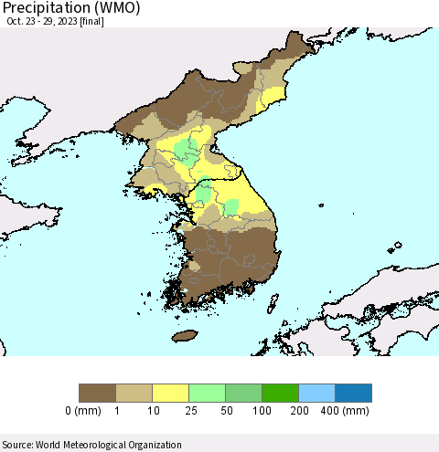 Korea Precipitation (WMO) Thematic Map For 10/23/2023 - 10/29/2023