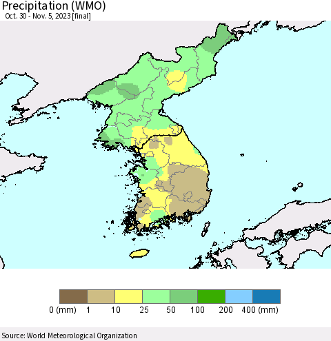 Korea Precipitation (WMO) Thematic Map For 10/30/2023 - 11/5/2023