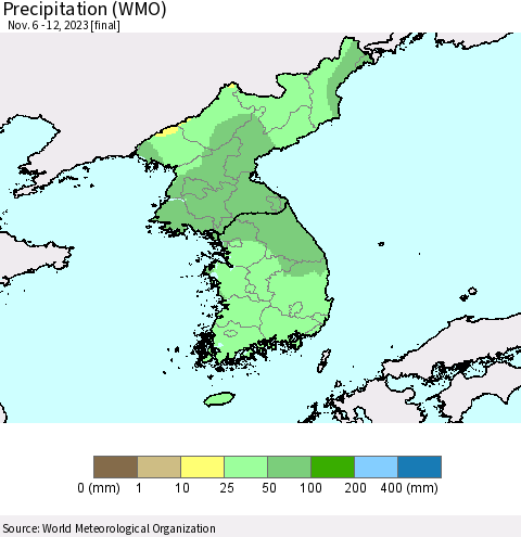 Korea Precipitation (WMO) Thematic Map For 11/6/2023 - 11/12/2023