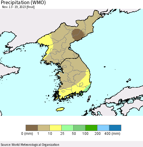 Korea Precipitation (WMO) Thematic Map For 11/13/2023 - 11/19/2023