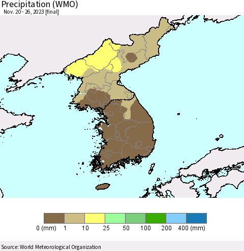 Korea Precipitation (WMO) Thematic Map For 11/20/2023 - 11/26/2023