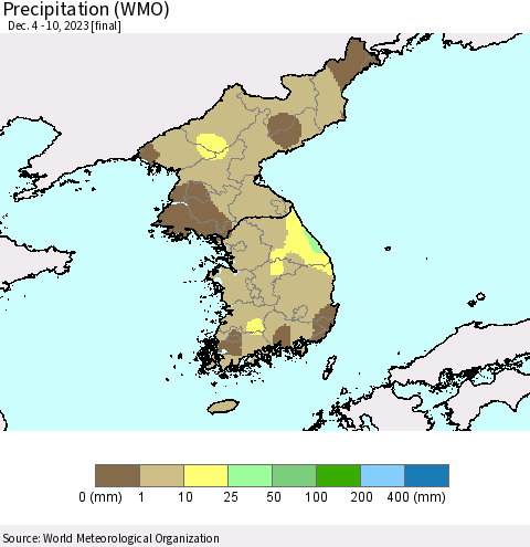Korea Precipitation (WMO) Thematic Map For 12/4/2023 - 12/10/2023