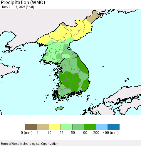 Korea Precipitation (WMO) Thematic Map For 12/11/2023 - 12/17/2023