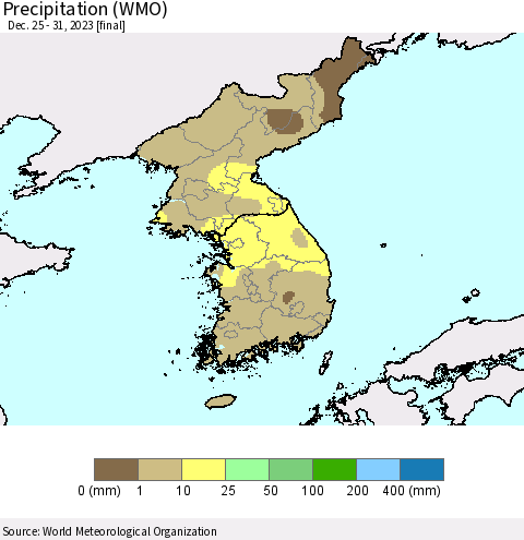 Korea Precipitation (WMO) Thematic Map For 12/25/2023 - 12/31/2023