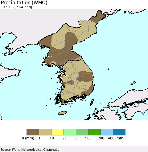 Korea Precipitation (WMO) Thematic Map For 1/1/2024 - 1/7/2024