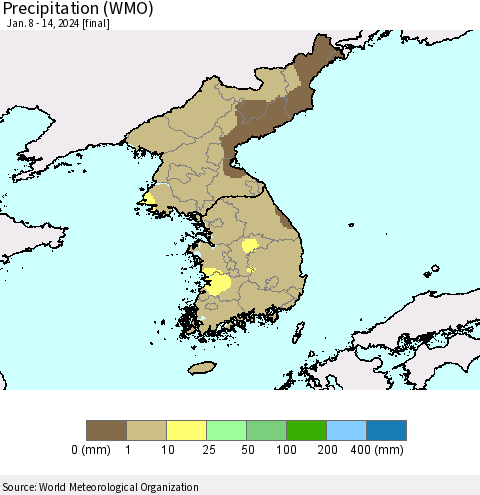 Korea Precipitation (WMO) Thematic Map For 1/8/2024 - 1/14/2024