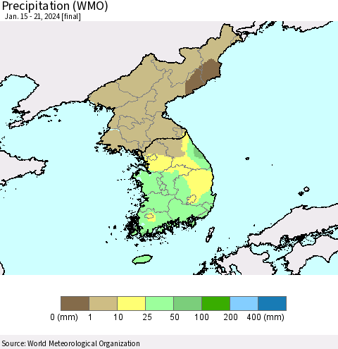 Korea Precipitation (WMO) Thematic Map For 1/15/2024 - 1/21/2024