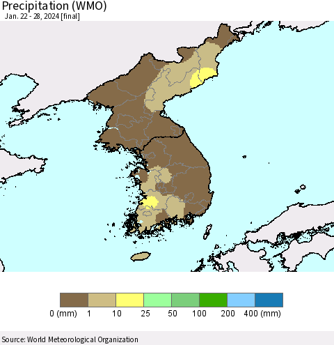 Korea Precipitation (WMO) Thematic Map For 1/22/2024 - 1/28/2024