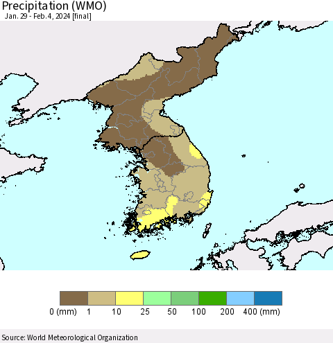 Korea Precipitation (WMO) Thematic Map For 1/29/2024 - 2/4/2024