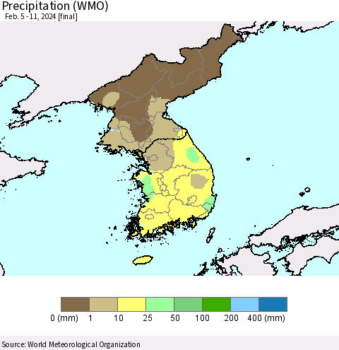 Korea Precipitation (WMO) Thematic Map For 2/5/2024 - 2/11/2024