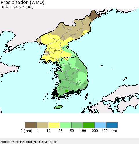 Korea Precipitation (WMO) Thematic Map For 2/19/2024 - 2/25/2024