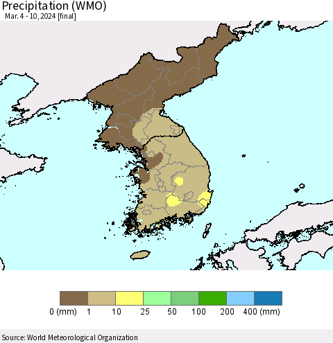 Korea Precipitation (WMO) Thematic Map For 3/4/2024 - 3/10/2024