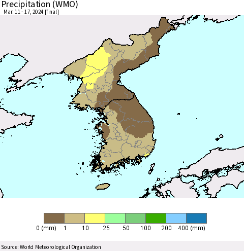 Korea Precipitation (WMO) Thematic Map For 3/11/2024 - 3/17/2024
