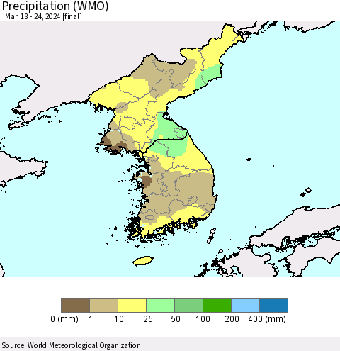 Korea Precipitation (WMO) Thematic Map For 3/18/2024 - 3/24/2024