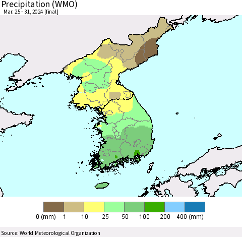 Korea Precipitation (WMO) Thematic Map For 3/25/2024 - 3/31/2024