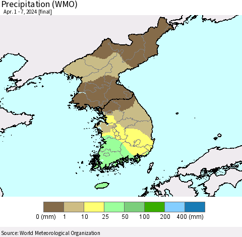 Korea Precipitation (WMO) Thematic Map For 4/1/2024 - 4/7/2024