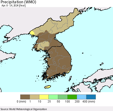 Korea Precipitation (WMO) Thematic Map For 4/8/2024 - 4/14/2024