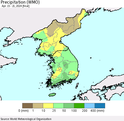 Korea Precipitation (WMO) Thematic Map For 4/15/2024 - 4/21/2024