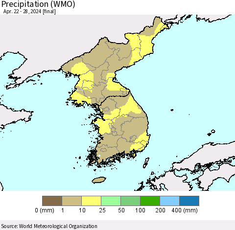 Korea Precipitation (WMO) Thematic Map For 4/22/2024 - 4/28/2024