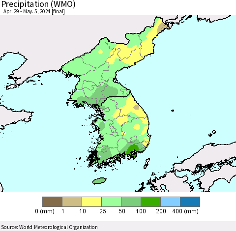 Korea Precipitation (WMO) Thematic Map For 4/29/2024 - 5/5/2024