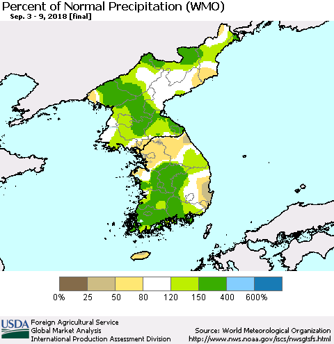 Korea Percent of Normal Precipitation (WMO) Thematic Map For 9/3/2018 - 9/9/2018