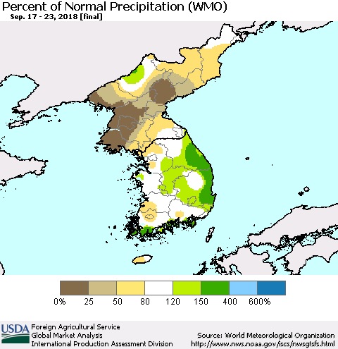 Korea Percent of Normal Precipitation (WMO) Thematic Map For 9/17/2018 - 9/23/2018