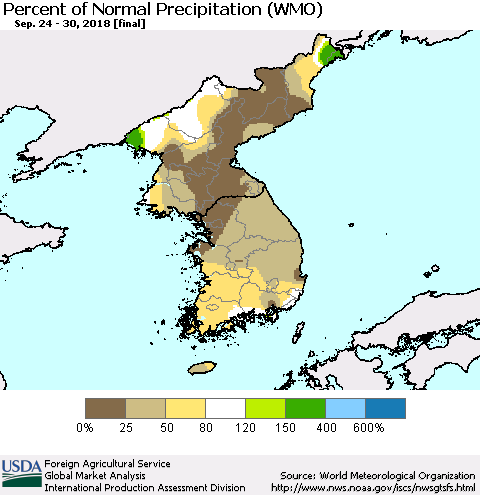 Korea Percent of Normal Precipitation (WMO) Thematic Map For 9/24/2018 - 9/30/2018