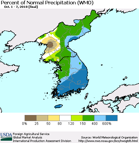 Korea Percent of Normal Precipitation (WMO) Thematic Map For 10/1/2018 - 10/7/2018