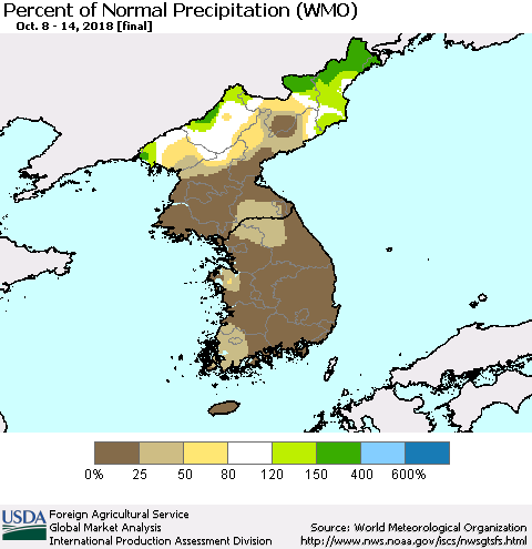 Korea Percent of Normal Precipitation (WMO) Thematic Map For 10/8/2018 - 10/14/2018