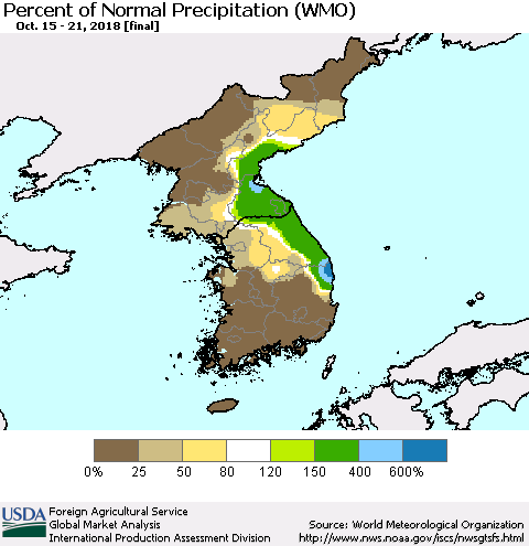 Korea Percent of Normal Precipitation (WMO) Thematic Map For 10/15/2018 - 10/21/2018