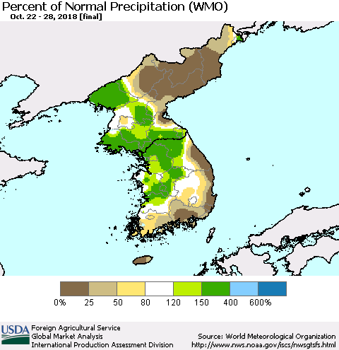 Korea Percent of Normal Precipitation (WMO) Thematic Map For 10/22/2018 - 10/28/2018